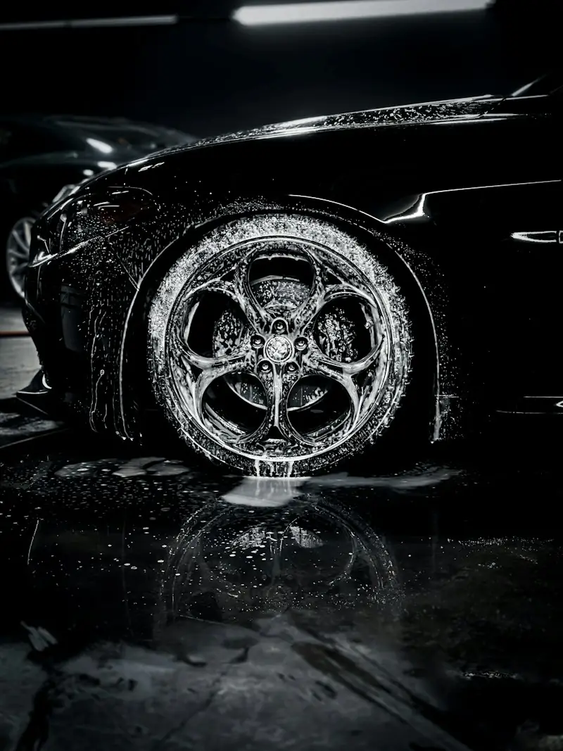 Foam on a black alloy wheel